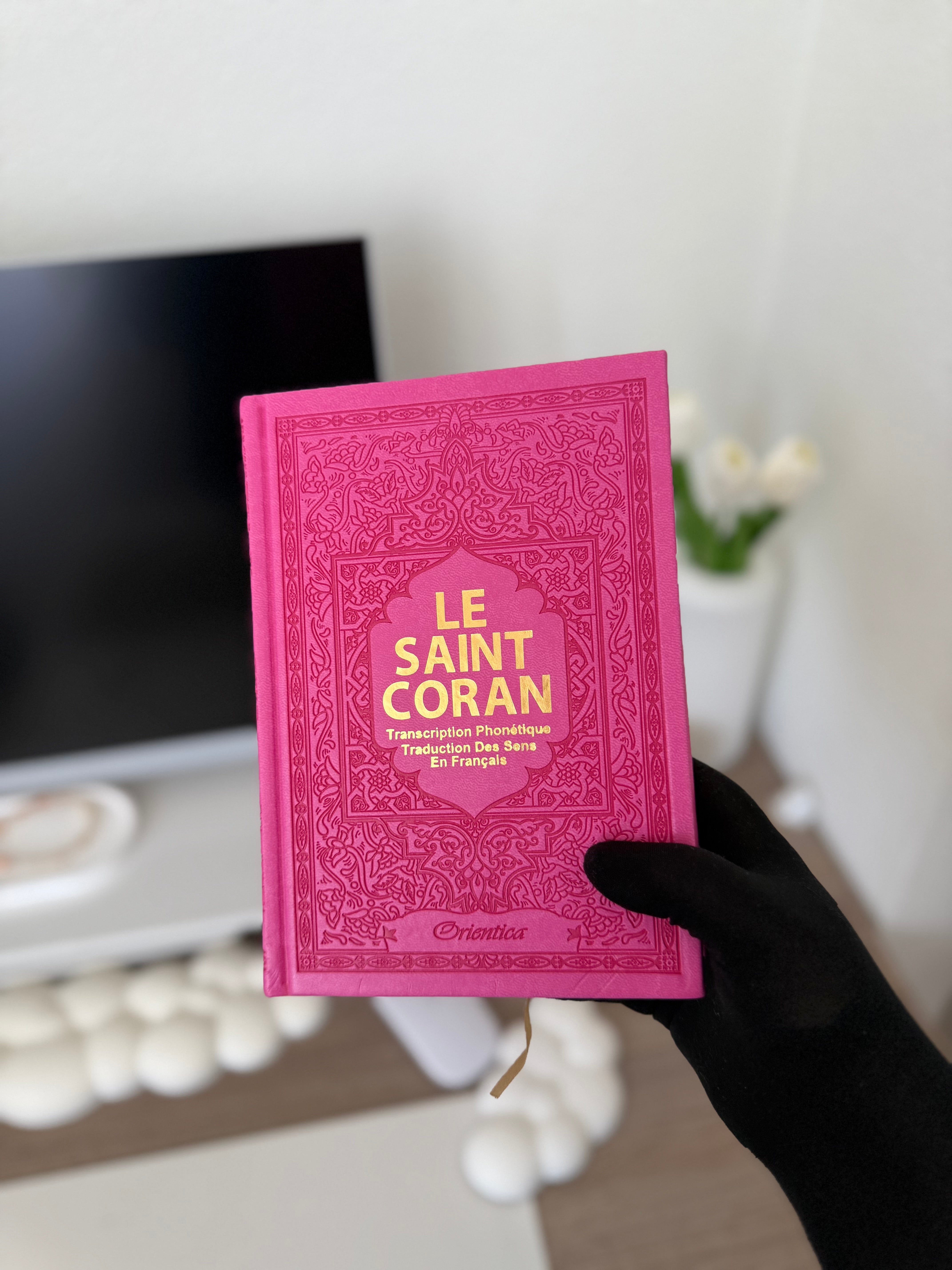 Le Saint Coran - Transcription phonétique (de l'arabe) et Traduction des sens en français - Edition de luxe - Couverture cuir rose doré