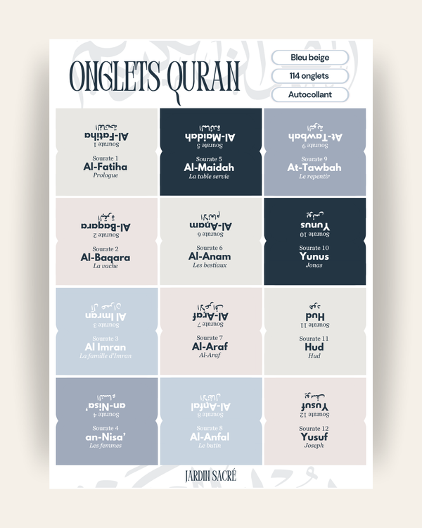 Onglets Coran bleu beige
