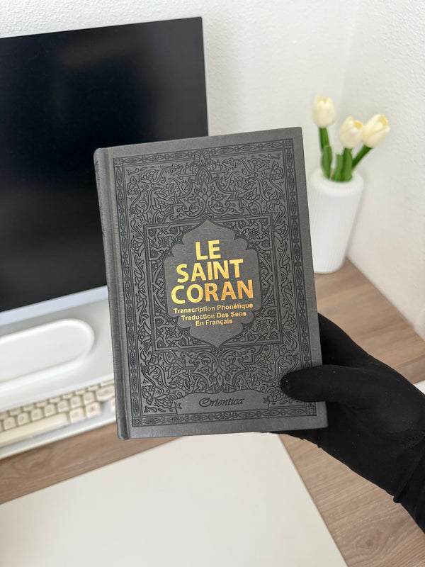Le Saint Coran - Transcription phonétique de l'arabe et Traduction des sens en français - Edition de luxe (Couverture cuir de couleur Grise dorée)