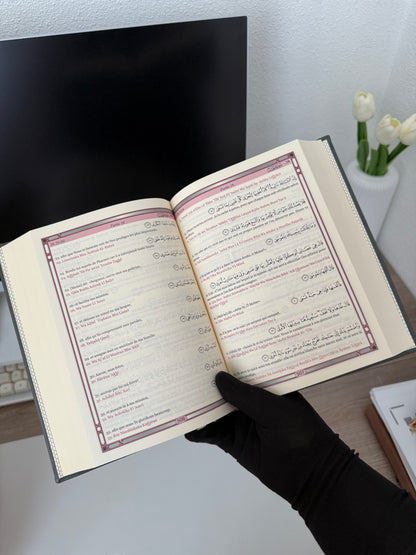 Le Saint Coran - Transcription phonétique de l'arabe et Traduction des sens en français - Edition de luxe (Couverture cuir de couleur Grise dorée)