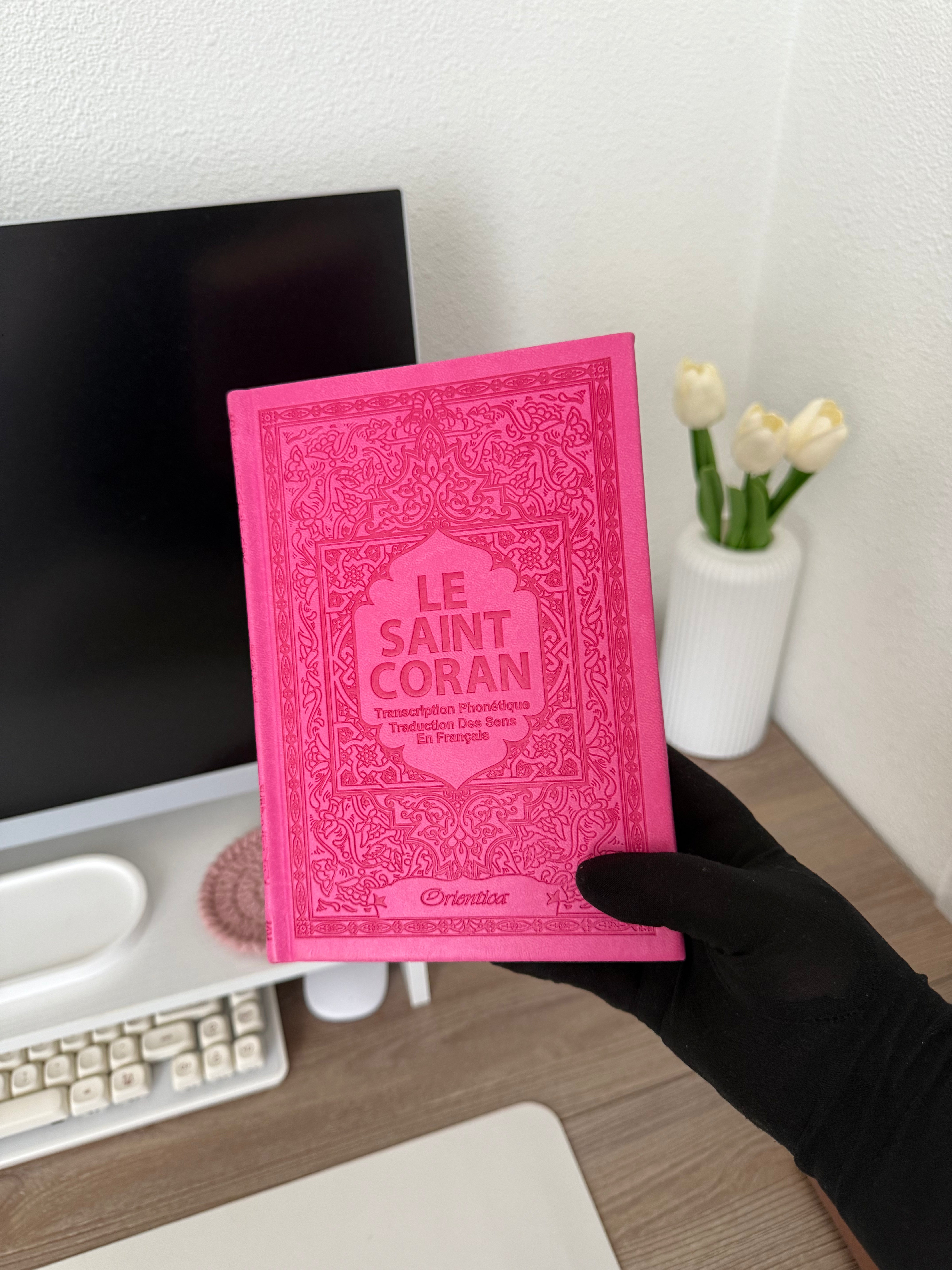 Le Saint Coran - Transcription phonétique (de l'arabe) et Traduction des sens en français - Edition de luxe - Couverture cuir rose fushia