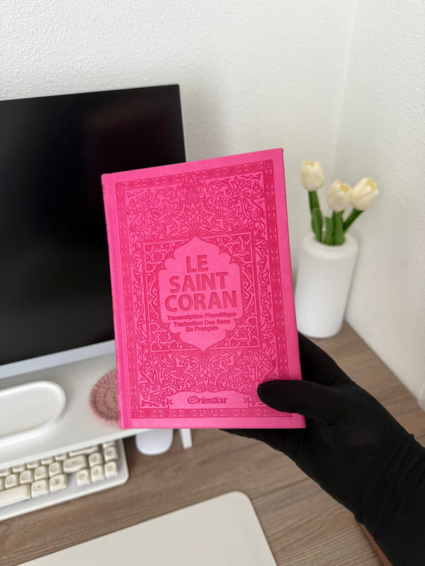 Le Saint Coran - Transcription phonétique (de l'arabe) et Traduction des sens en français - Edition de luxe - Couverture cuir rose fushia